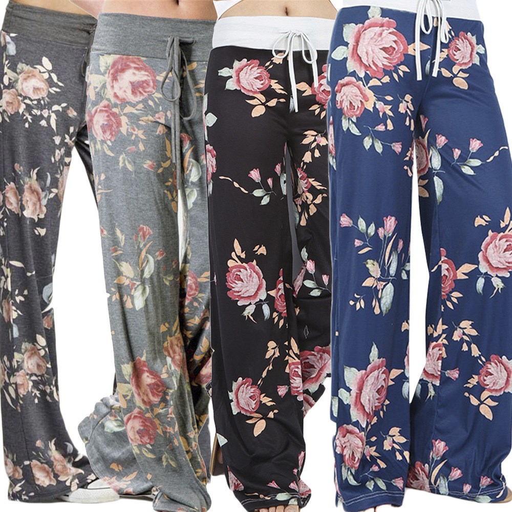 欧美风春季瑜伽裤印花低腰阔腿裤长裤trousers women Yoga pants