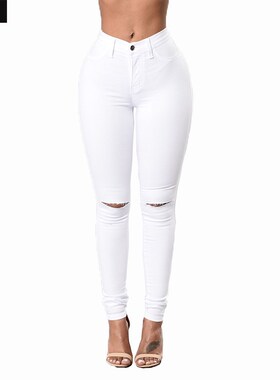 2018春夏新品欧洲站女装包臀膝盖割破铅笔小脚牛仔裤Ripped jeans