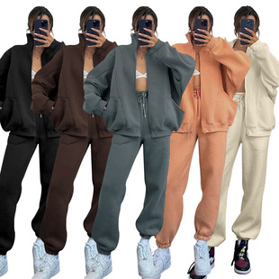 women pants+jacket set 2023欧美秋冬纯色立领开衫长袖卫衣女装