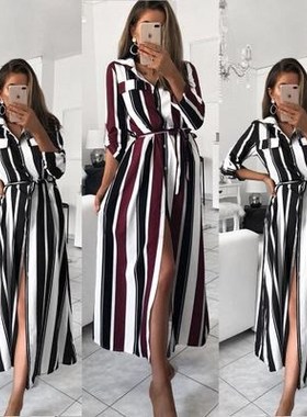 Colorful striped print shirt dress彩色条纹印花衬衫连衣裙新款