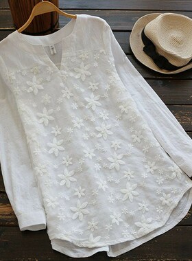 速卖通爆款 女装日系百搭欧根纱花朵刺绣V领棉衬衫181642