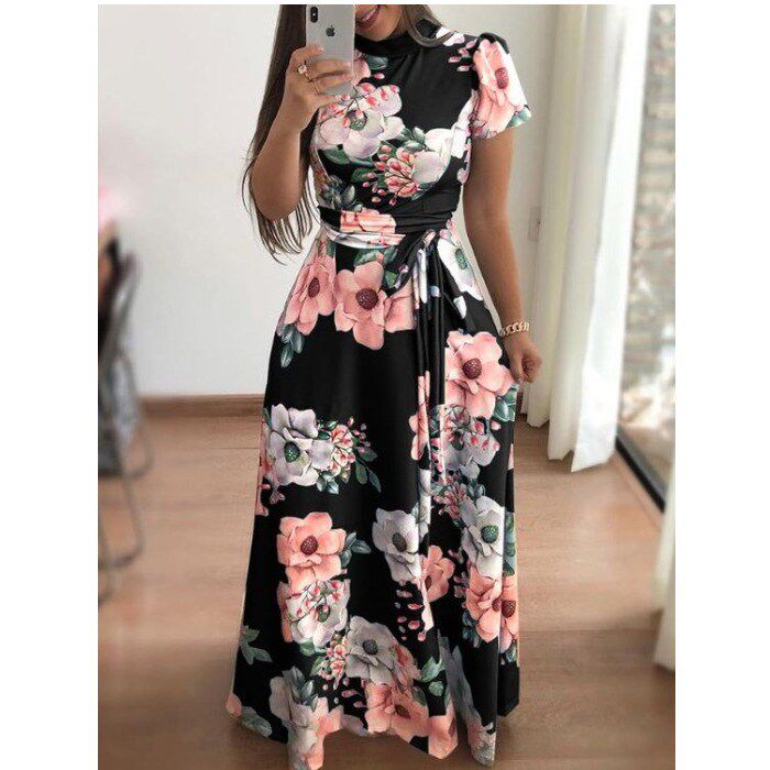 欧洲站新款修身印花时尚绑带短袖连衣裙 花色长裙 A long dress