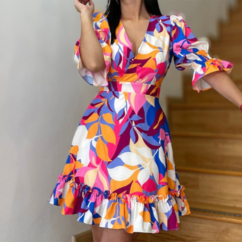 V-neck printed fashion dress春季女新款欧美V领印花时尚连衣裙