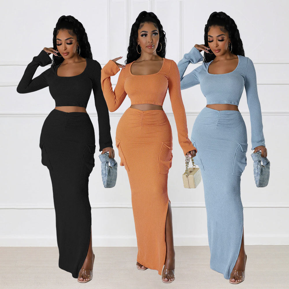 women cotton dress set 欧美紧身短上衣高腰开叉包臀长裙两件套
