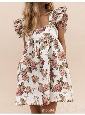 Loose 衣casua50978l dress s方kirt summer印花荷叶连裙直筒短裙