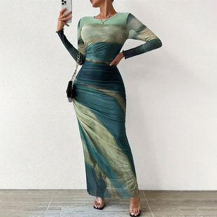 dress高級感女裝 扎染褶皺修身 round 圓領(lǐng)長袖 連衣裙 neck Pleated