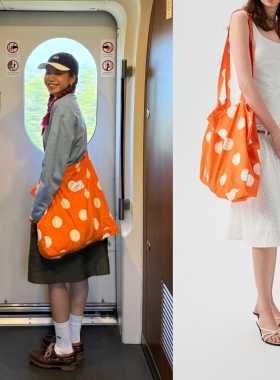 夏日度假休闲橙色波点帆布包单肩印花布袋包大容量百搭时髦购物袋