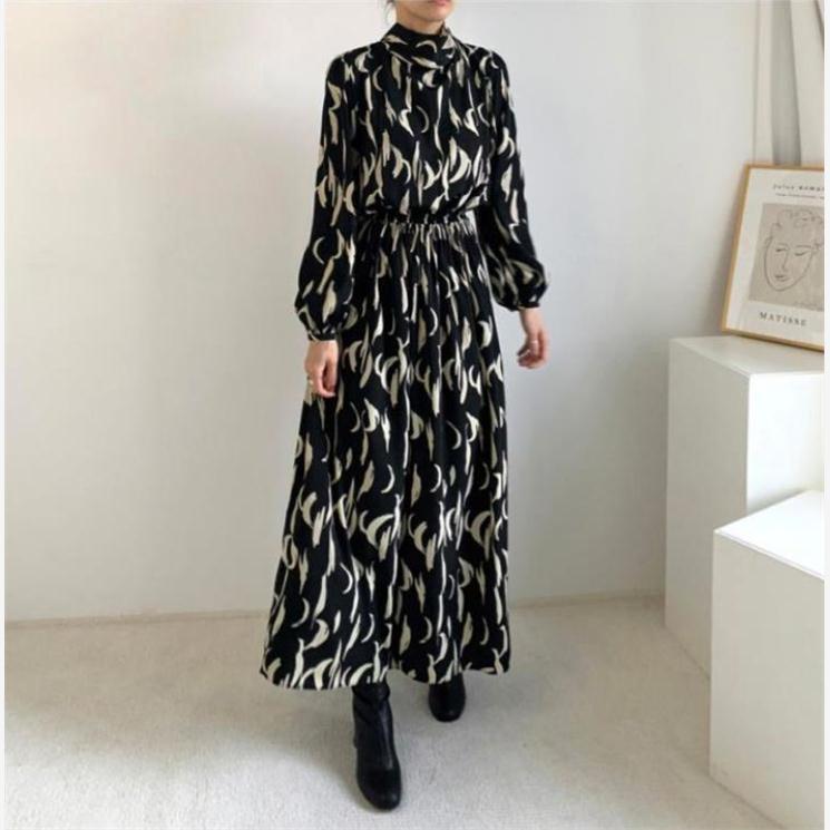 跨境热销2023韩国chic 树叶印花连衣裙领结系带长裙Long dress