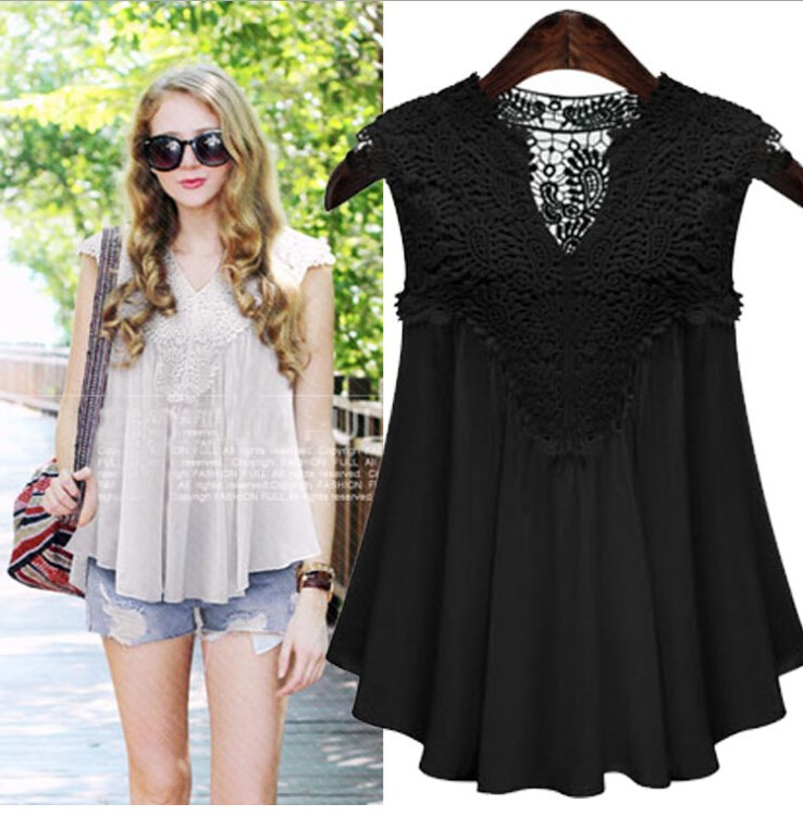 Lace Tops Summer Women Big size Chiffon white Blouse lady 女