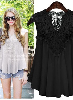Lace Tops Summer Women Big size Chiffon white Blouse lady 女