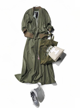 亚马逊速卖通欧美女装2024春季新款绿色圆领拉链外套+半裙两件套