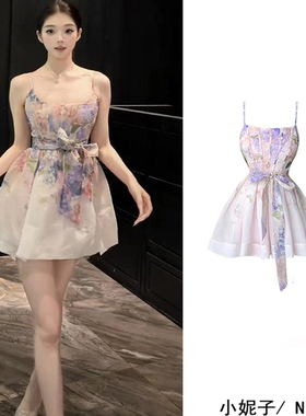 法式复古别致印花收腰修身蓬蓬裙2025夏季御姐风高级感吊带连衣裙