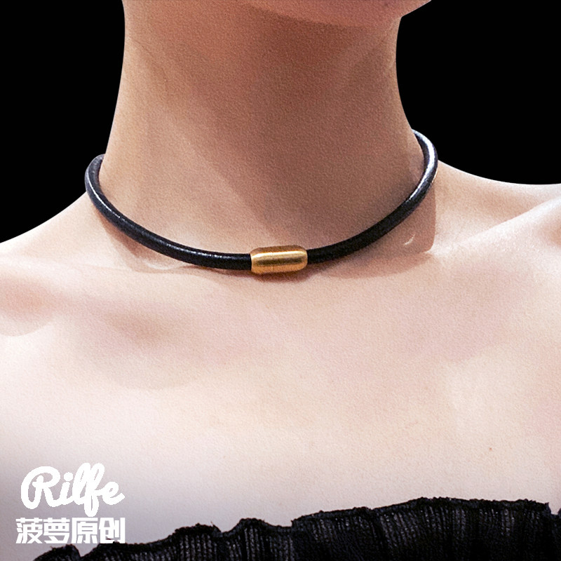 Choker原创小众手工牛皮绳项链黑色皮绳颈链锁骨链简约风格女脖颈