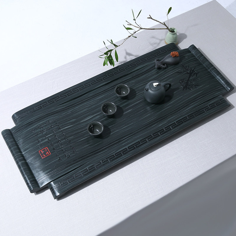 天然绿檀木纹石材茶台现代简约小型排水泡台功夫茶具托盘家用茶盘