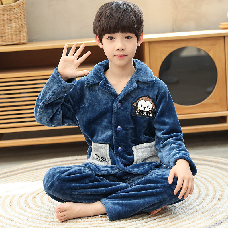 儿童秋冬加绒加厚男孩家居服套装