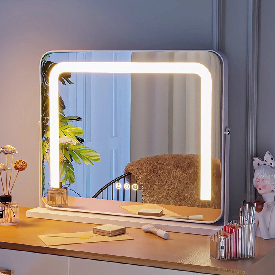 2025新款化妆台大镜子带灯台式桌面主卧化妆镜方形立式旋转化妆镜