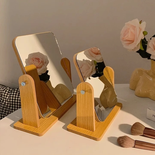 台式化妆镜可翻转宿舍桌面梳妆镜简约家用木质镜现代复古风镜子