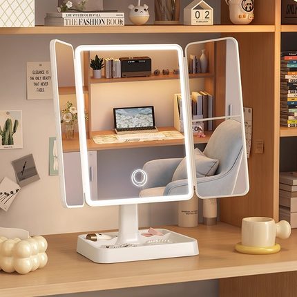 可升降led化妆镜调节桌面台式带灯学生宿舍补光美妆镜三折叠镜子