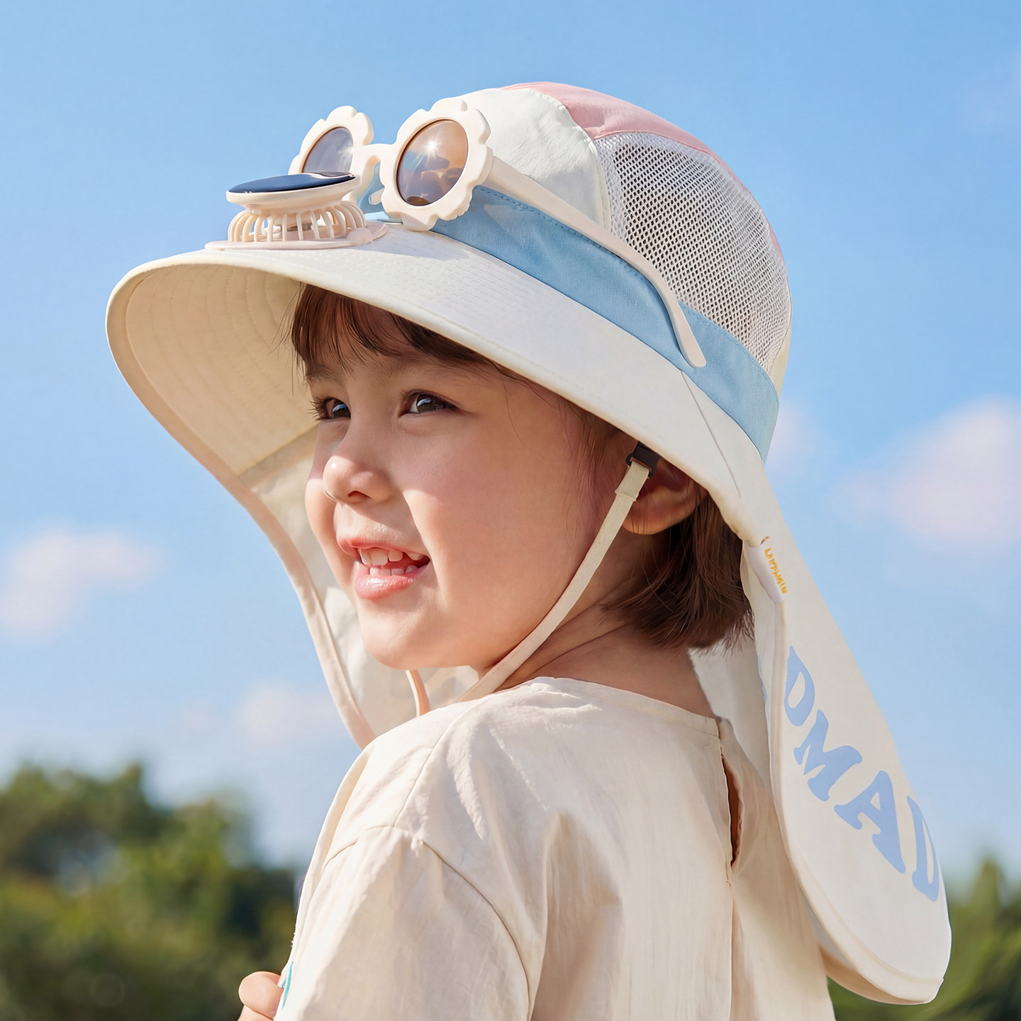 儿童帽子夏季女孩风扇防晒遮阳披肩帽夏天女童大帽檐墨镜户外太阳