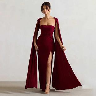 拍照裙子长袖红色主持人婚礼派对礼服Red Wedding Party Dress