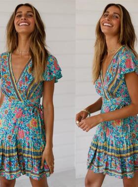 欧美时尚印花连衣裙短裙 Sexy Wrap Floral Mini Dress Sundress