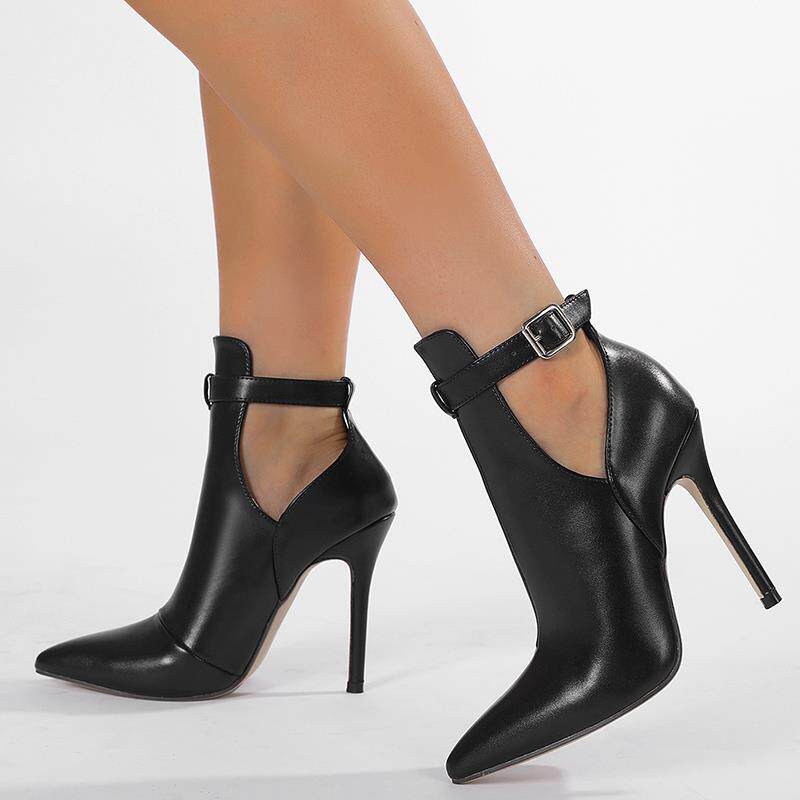 欧美外贸新款时尚高跟女鞋尖头镂空细跟一字扣带凉靴简约女士踝靴