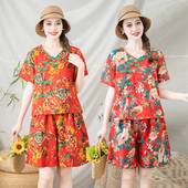 民族风两件套闺蜜装 T恤短裤 姐妹广场舞 斜襟盘扣短袖 东北大花套装