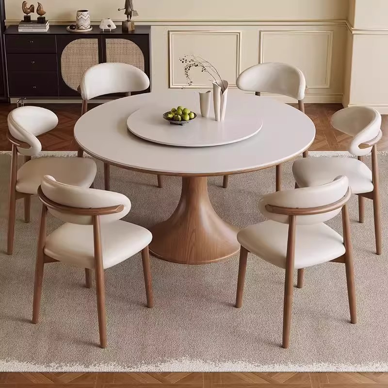 实木岩板中古风圆桌带转盘