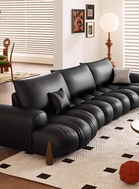 复古风头层牛皮客厅意式极简大小户型异形大坐深弧形泡芙真皮沙发