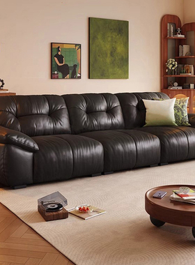 面包云朵沙发复古黑色大小户型现代简约头层牛皮直排真皮沙发客厅
