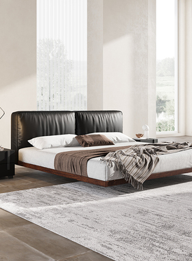 真皮床现代简约高端大气轻奢主卧大床齐边中古风双人床卧室悬浮床