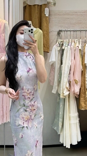 无袖挂脖旗袍女夏季新中式复古印花改良长款日常穿显瘦气质连衣裙