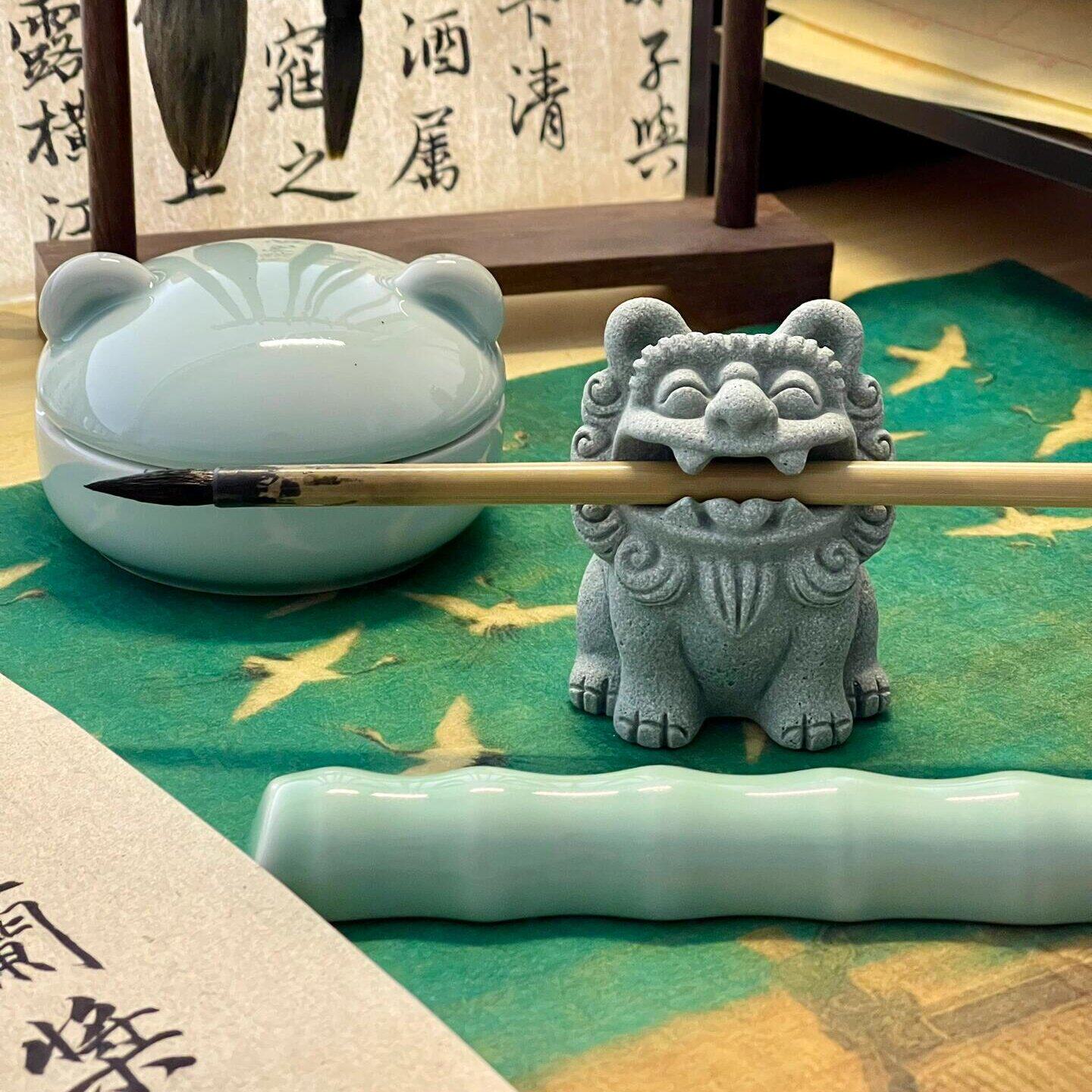 创意笔搁衔笔狮书房镇纸镇尺毛笔托笔架文房四宝书法专用砚墨砚台