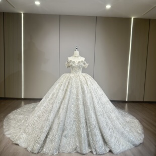 一字肩婚纱主纱新娘2026新款重工奢华法式高级质感高定款拖尾星空