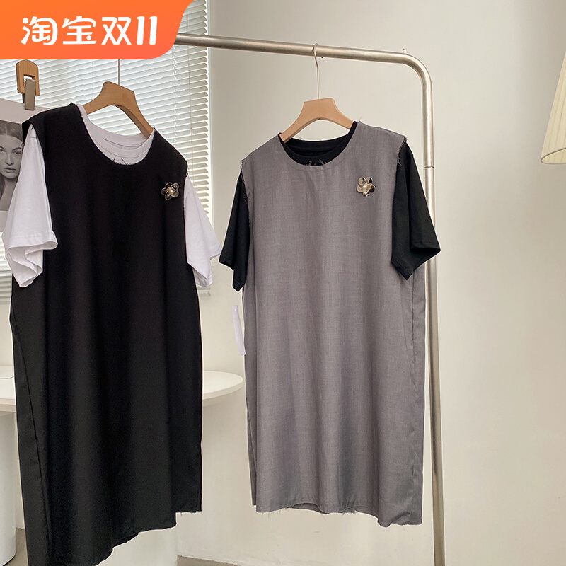 韩版宽松无袖连衣裙中裙内搭圆领T恤套装时尚休闲洋气I￥14c1