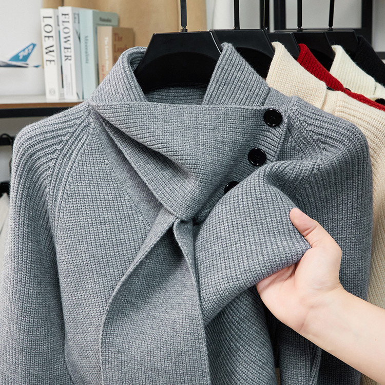 高翻领青春活力风套头不易变形长袖针织衫/毛衣