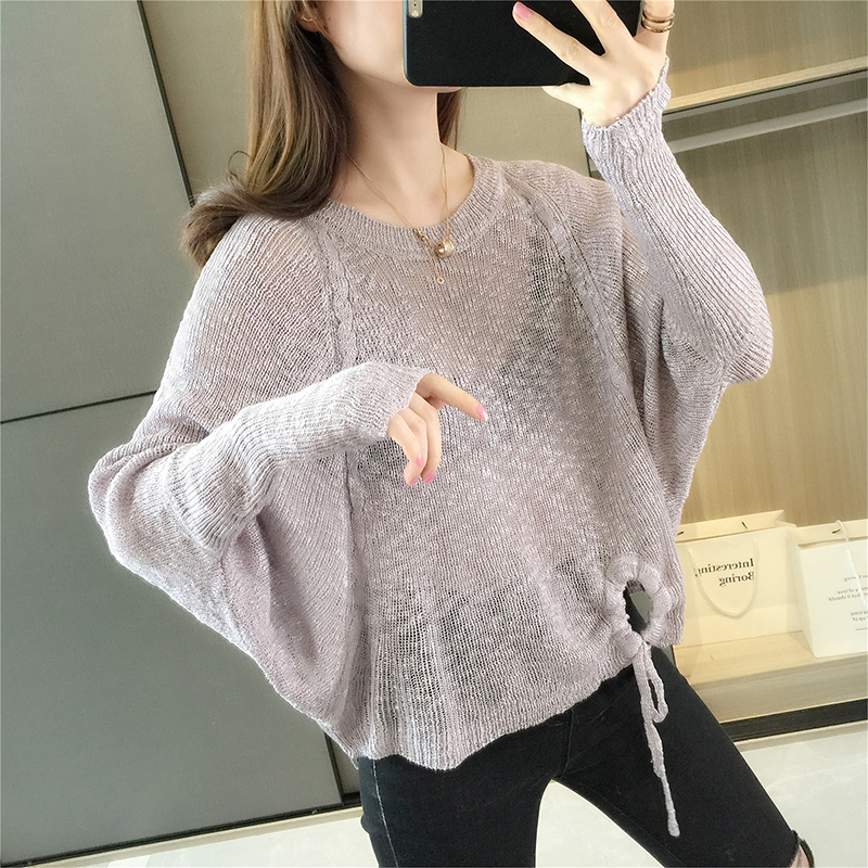 韩版时尚百搭圆领针织衫宽松显瘦毛衣春夏新款薄款蝙蝠衫女士上衣