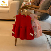 女童针织马甲背心裙秋冬宝宝毛衣连衣裙婴儿童红色毛线公主裙子新