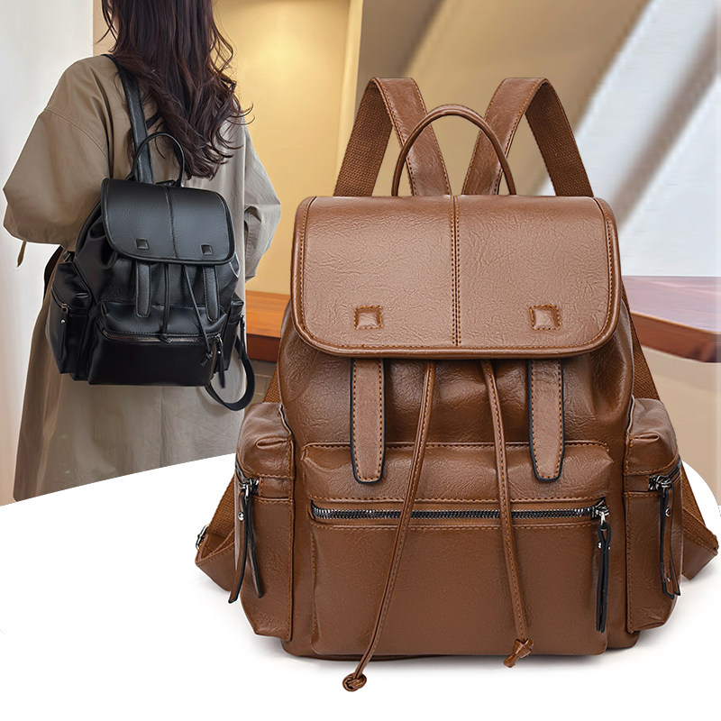 2025年文艺复古双肩包女校园百搭棕色皮质抽带背包通勤书包高级感,箱包皮具/热销女包/男包,双肩背包,淘宝优惠券,粉丝福利购,淘宝优惠卷