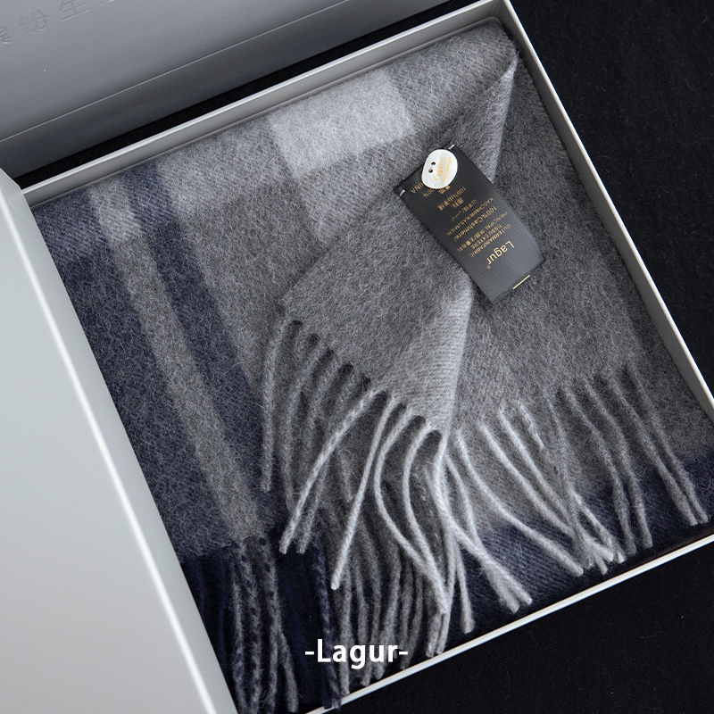 新款格子文艺蓝斜纹纯山羊绒围巾