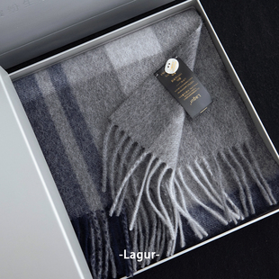 格子围脖 情侣款 文艺知青 中性蓝斜纹Cashmere100%羊绒围巾女冬季