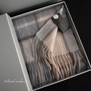 100%Cashmere意大利格纹高奢水波纹围巾高档礼盒装 纯山羊绒女冬季