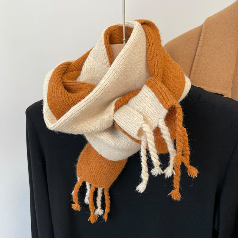 简约时髦撞色针织窄流苏围巾女秋冬保暖韩版百搭毛线奶茶色小围脖,服饰配件/皮带/帽子/围巾,围巾/丝巾/披肩,淘宝优惠券,粉丝福利购,淘宝优惠卷