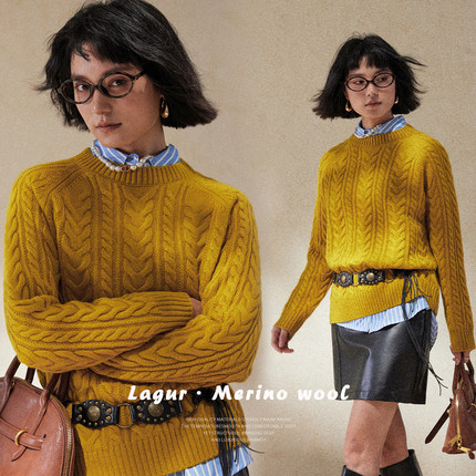 440G＜巴黎柠黄＞超重磅老钱风绞花100%美利奴羊毛圆领毛衣内搭女