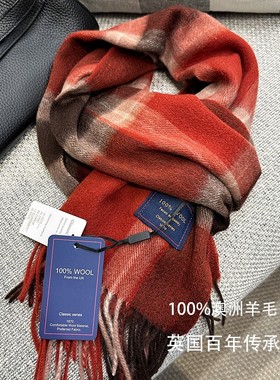 复古格纹新年礼物100%澳洲羊毛红色格子围巾女冬季圣诞保暖围脖男