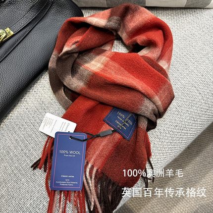 复古格纹新年礼物100%澳洲羊毛红色格子围巾女冬季圣诞保暖围脖男