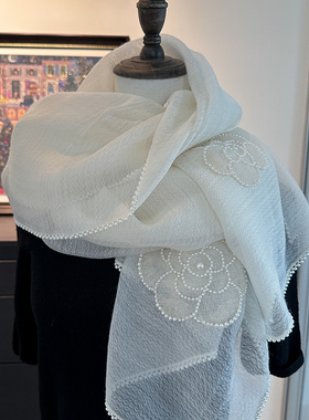 coco小香 真丝羊毛围巾白色披肩杭州女士薄款珍珠山茶花送妈妈夏