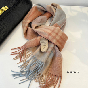 粉黎蔷薇Cashmere纯山羊绒围巾日本定制经典 女厚 英伦格纹围脖冬季