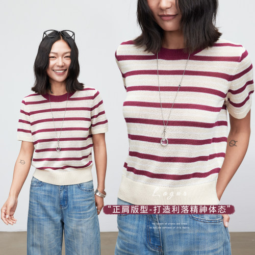 和纸干爽透气条纹针织短袖上衣女