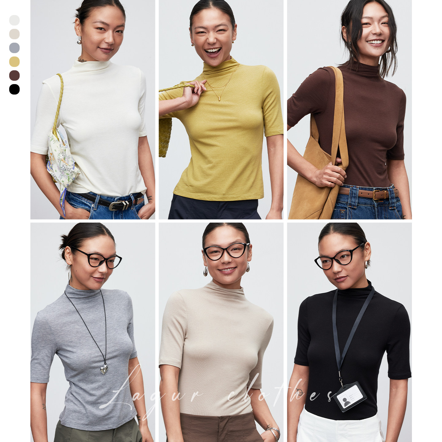 Lagur<浓巧克力>高支超细30%羊毛高领打底衫短袖T恤中袖上衣女